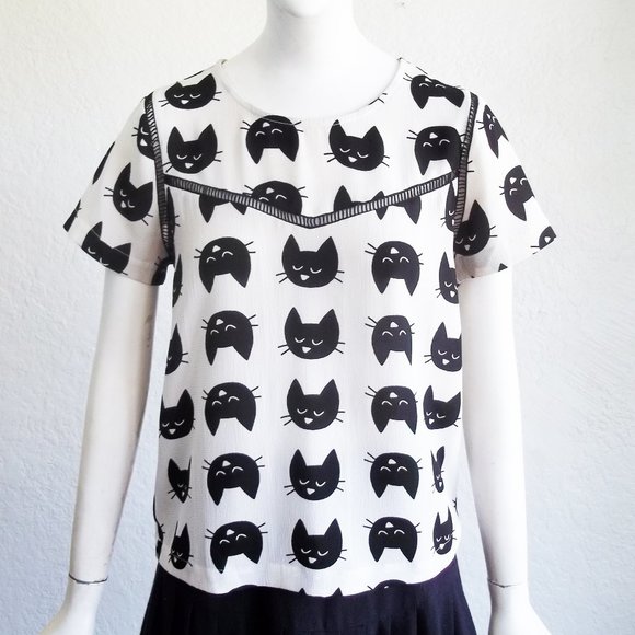 Lily White Tops - Lily White Black Cat Kitschy Novelty Print w Ladder Stitch Trim Crepe Blouse S